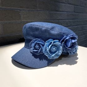 Denim Flat-top Cap Women's Three-dimensional Contrast Color Flowers (Option: Dark Blue-M)