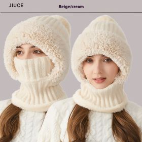 High Elastic Solid Color Knitted Hat Scarf Mask One-piece (Option: Beige)