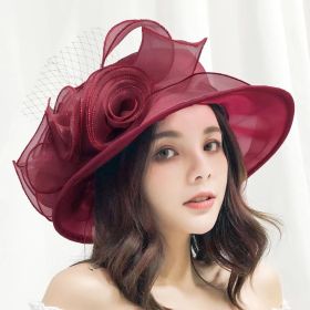 Women's Sun Hat Mesh Bowler Hat Organza Summer Sun Hat (Option: Dark Red-Free Size)