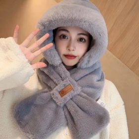 Cycling Cold Protection Ear Protection Fleece-lined Warm Hat All-match Scarf (Option: Leather Tag Plush Bonnet Gray-Free Size)