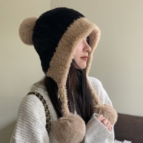 Fleece-lined Thickened Knitting Hanging Ball Woolen Cap Warm Ear Protection Knitted Hat (Option: Black-High Quality)