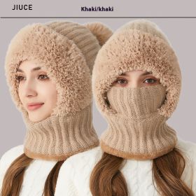High Elastic Solid Color Knitted Hat Scarf Mask One-piece (Option: Khaki)