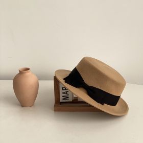 Bow Japanese Style British Style Western Style French Retro Flat-brimmed Cap (Option: Khaki And Black Bow-Adjustable)