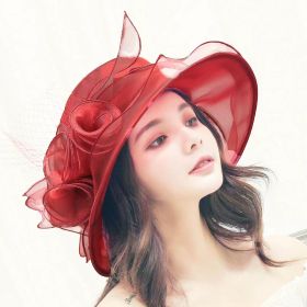 Women's Sun Hat Mesh Bowler Hat Organza Summer Sun Hat (Option: Wine Red-Free Size)