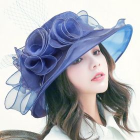 Women's Sun Hat Mesh Bowler Hat Organza Summer Sun Hat (Option: Navy Blue-Free Size)