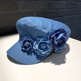 Denim Flat-top Cap Women's Three-dimensional Contrast Color Flowers (Option: Medium Blue-M)